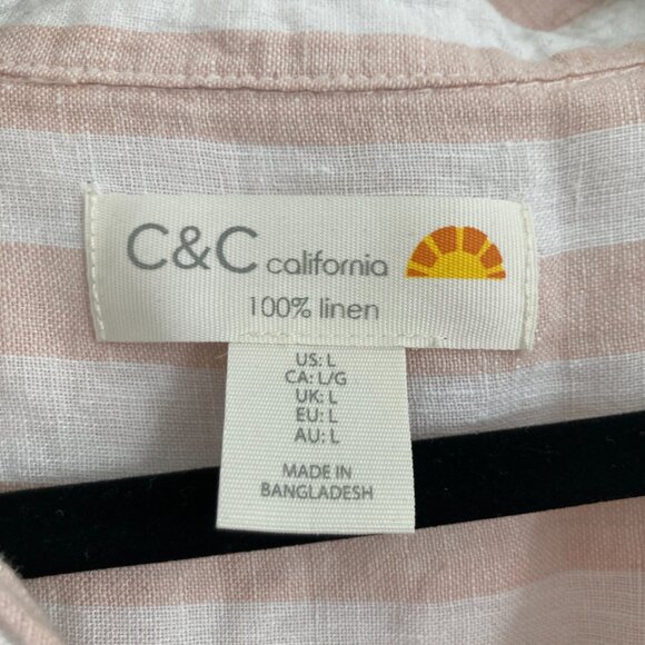 C&C California 100% Linen Striped Button Down Top White Pink Beach Nautical L - Picture 6 of 7